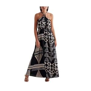 Express Women Black White Halter Maxi Dress Geometric Pattern Ring Neck Accent L